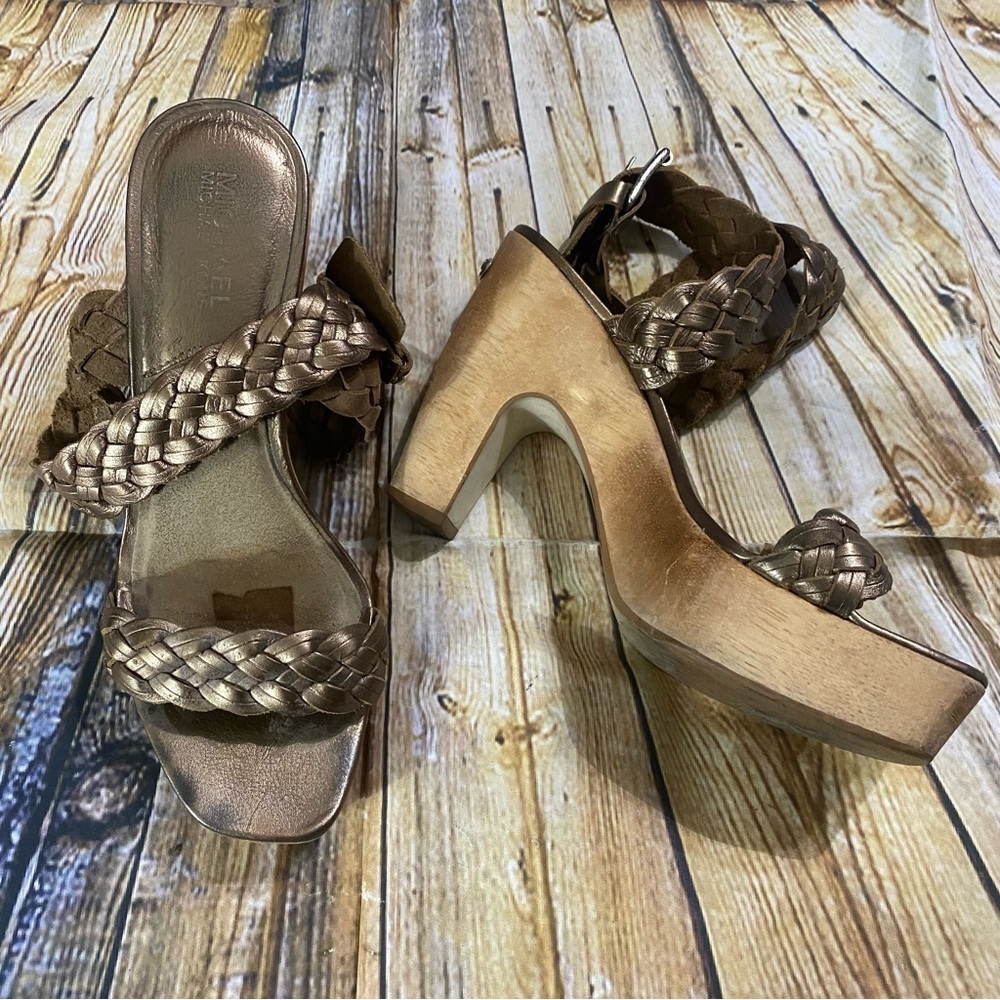 Michael Michael Kors Gianna Woven Bronze Leather 4 1/2 Block Heels